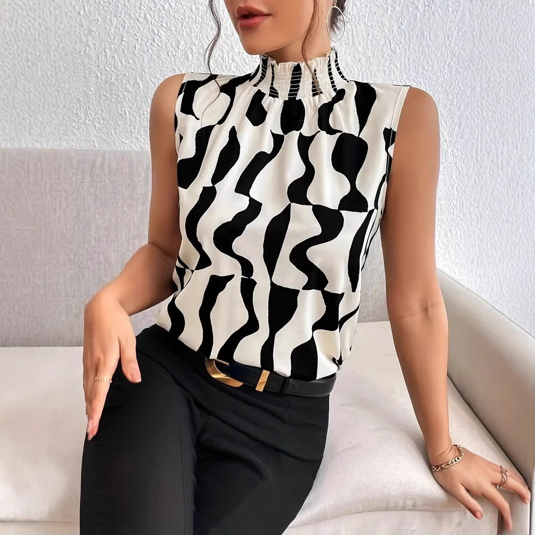 Full-body Printed Small Turtleneck Sleeveless Shirt