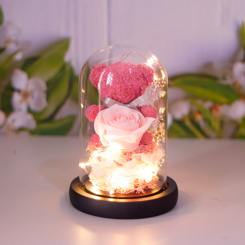 Valentine's Day Gift For Girlfriend Eternal Preserved Rose Flower Gift Box Teddy Bear Eternal Flower With Lights Gift For Women Home Decor