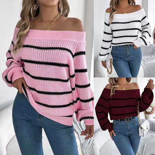 Striped Off-the-shoulder Lantern Sleeve Pullover