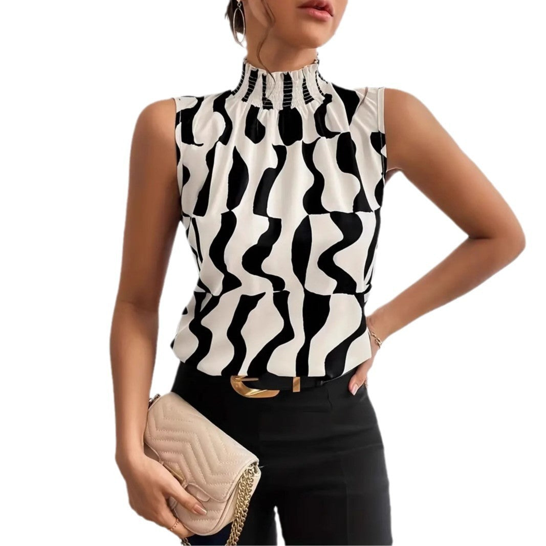 Full-body Printed Small Turtleneck Sleeveless Shirt